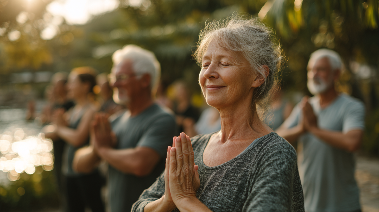 Grup de seniori practicând yoga în aer liber într-un parc verde
